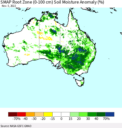Australia SMAP Root Zone (0-100 cm) Soil Moisture Anomaly (%) Thematic Map For 11/1/2022 - 11/5/2022
