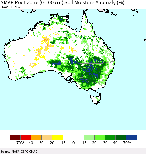 Australia SMAP Root Zone (0-100 cm) Soil Moisture Anomaly (%) Thematic Map For 11/6/2022 - 11/10/2022