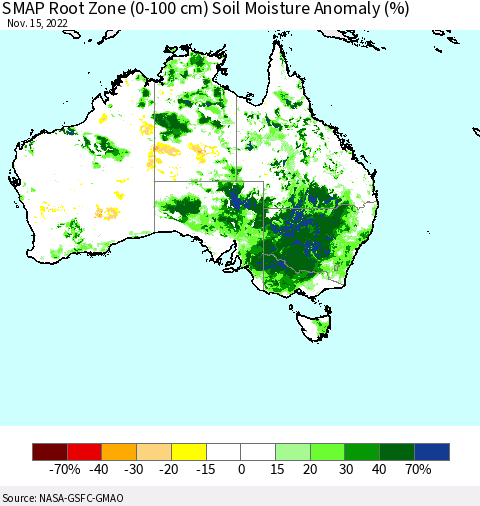 Australia SMAP Root Zone (0-100 cm) Soil Moisture Anomaly (%) Thematic Map For 11/11/2022 - 11/15/2022