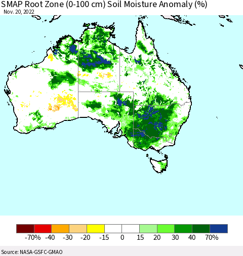 Australia SMAP Root Zone (0-100 cm) Soil Moisture Anomaly (%) Thematic Map For 11/16/2022 - 11/20/2022