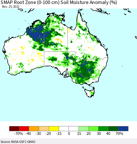 Australia SMAP Root Zone (0-100 cm) Soil Moisture Anomaly (%) Thematic Map For 11/21/2022 - 11/25/2022