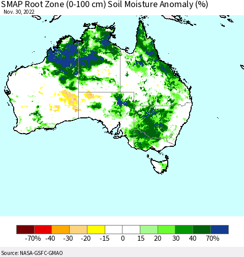 Australia SMAP Root Zone (0-100 cm) Soil Moisture Anomaly (%) Thematic Map For 11/26/2022 - 11/30/2022