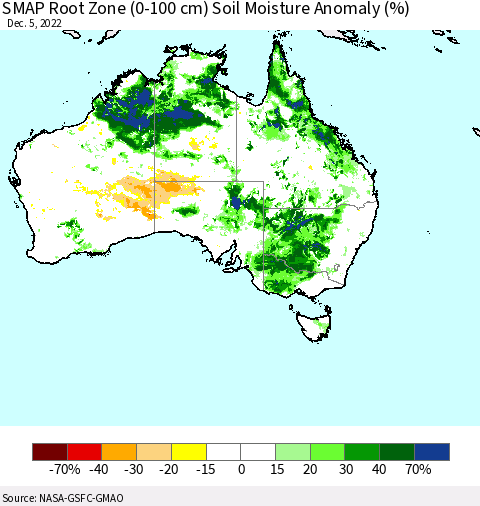 Australia SMAP Root Zone (0-100 cm) Soil Moisture Anomaly (%) Thematic Map For 12/1/2022 - 12/5/2022