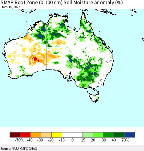 Australia SMAP Root Zone (0-100 cm) Soil Moisture Anomaly (%) Thematic Map For 12/6/2022 - 12/10/2022
