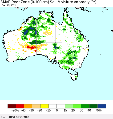 Australia SMAP Root Zone (0-100 cm) Soil Moisture Anomaly (%) Thematic Map For 12/11/2022 - 12/15/2022