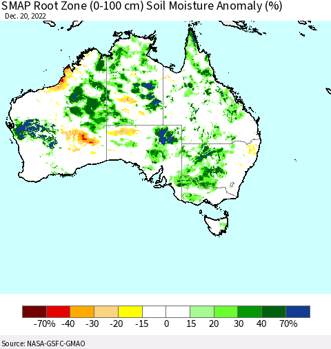 Australia SMAP Root Zone (0-100 cm) Soil Moisture Anomaly (%) Thematic Map For 12/16/2022 - 12/20/2022