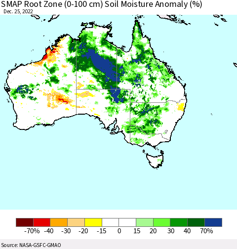 Australia SMAP Root Zone (0-100 cm) Soil Moisture Anomaly (%) Thematic Map For 12/21/2022 - 12/25/2022
