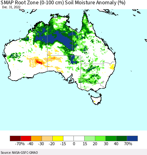 Australia SMAP Root Zone (0-100 cm) Soil Moisture Anomaly (%) Thematic Map For 12/26/2022 - 12/31/2022