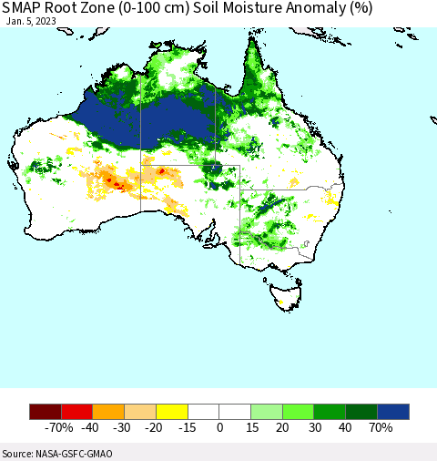 Australia SMAP Root Zone (0-100 cm) Soil Moisture Anomaly (%) Thematic Map For 1/1/2023 - 1/5/2023