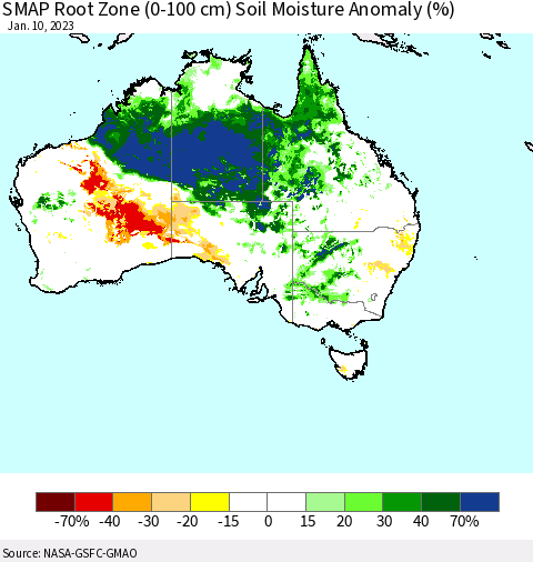 Australia SMAP Root Zone (0-100 cm) Soil Moisture Anomaly (%) Thematic Map For 1/6/2023 - 1/10/2023