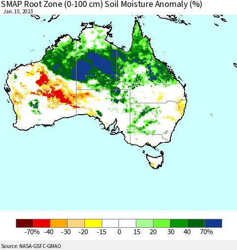 Australia SMAP Root Zone (0-100 cm) Soil Moisture Anomaly (%) Thematic Map For 1/11/2023 - 1/15/2023
