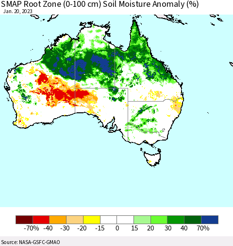 Australia SMAP Root Zone (0-100 cm) Soil Moisture Anomaly (%) Thematic Map For 1/16/2023 - 1/20/2023