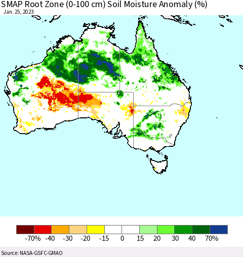 Australia SMAP Root Zone (0-100 cm) Soil Moisture Anomaly (%) Thematic Map For 1/21/2023 - 1/25/2023