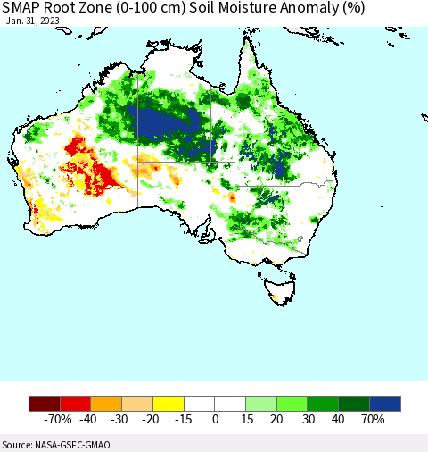 Australia SMAP Root Zone (0-100 cm) Soil Moisture Anomaly (%) Thematic Map For 1/26/2023 - 1/31/2023