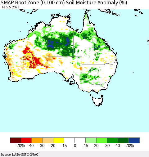 Australia SMAP Root Zone (0-100 cm) Soil Moisture Anomaly (%) Thematic Map For 2/1/2023 - 2/5/2023