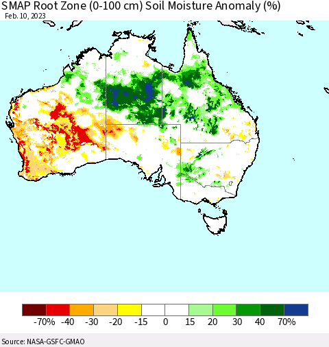 Australia SMAP Root Zone (0-100 cm) Soil Moisture Anomaly (%) Thematic Map For 2/6/2023 - 2/10/2023