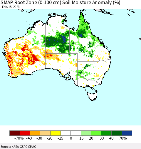 Australia SMAP Root Zone (0-100 cm) Soil Moisture Anomaly (%) Thematic Map For 2/11/2023 - 2/15/2023