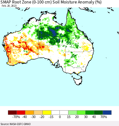 Australia SMAP Root Zone (0-100 cm) Soil Moisture Anomaly (%) Thematic Map For 2/16/2023 - 2/20/2023