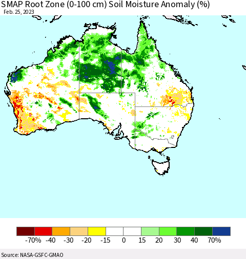 Australia SMAP Root Zone (0-100 cm) Soil Moisture Anomaly (%) Thematic Map For 2/21/2023 - 2/25/2023
