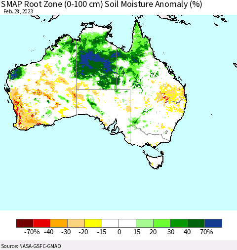 Australia SMAP Root Zone (0-100 cm) Soil Moisture Anomaly (%) Thematic Map For 2/26/2023 - 2/28/2023