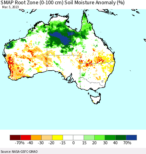 Australia SMAP Root Zone (0-100 cm) Soil Moisture Anomaly (%) Thematic Map For 3/1/2023 - 3/5/2023