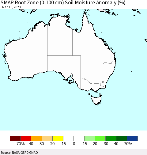 Australia SMAP Root Zone (0-100 cm) Soil Moisture Anomaly (%) Thematic Map For 3/6/2023 - 3/10/2023