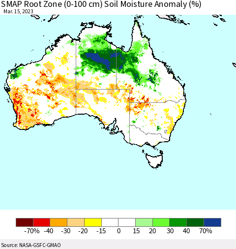 Australia SMAP Root Zone (0-100 cm) Soil Moisture Anomaly (%) Thematic Map For 3/11/2023 - 3/15/2023