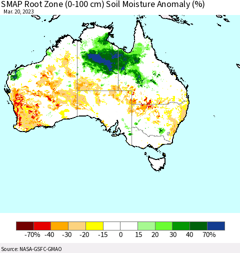 Australia SMAP Root Zone (0-100 cm) Soil Moisture Anomaly (%) Thematic Map For 3/16/2023 - 3/20/2023