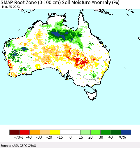 Australia SMAP Root Zone (0-100 cm) Soil Moisture Anomaly (%) Thematic Map For 3/21/2023 - 3/25/2023