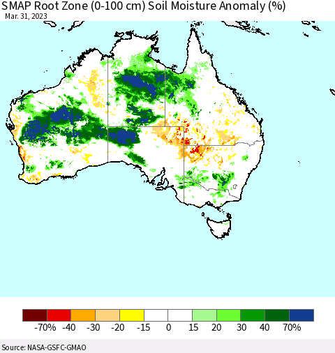 Australia SMAP Root Zone (0-100 cm) Soil Moisture Anomaly (%) Thematic Map For 3/26/2023 - 3/31/2023