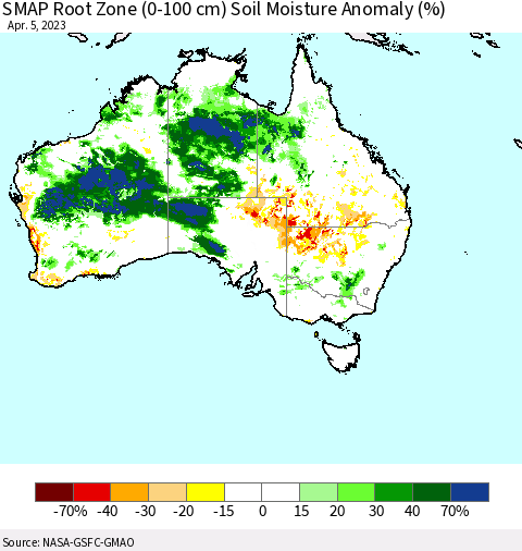Australia SMAP Root Zone (0-100 cm) Soil Moisture Anomaly (%) Thematic Map For 4/1/2023 - 4/5/2023