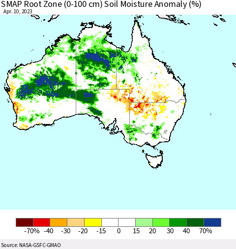 Australia SMAP Root Zone (0-100 cm) Soil Moisture Anomaly (%) Thematic Map For 4/6/2023 - 4/10/2023