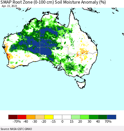 Australia SMAP Root Zone (0-100 cm) Soil Moisture Anomaly (%) Thematic Map For 4/11/2023 - 4/15/2023