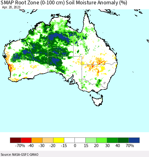 Australia SMAP Root Zone (0-100 cm) Soil Moisture Anomaly (%) Thematic Map For 4/16/2023 - 4/20/2023