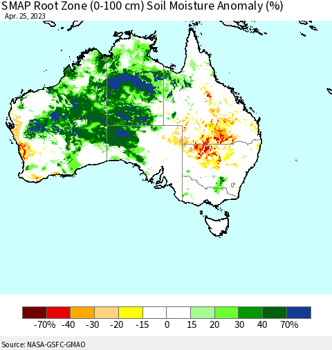 Australia SMAP Root Zone (0-100 cm) Soil Moisture Anomaly (%) Thematic Map For 4/21/2023 - 4/25/2023