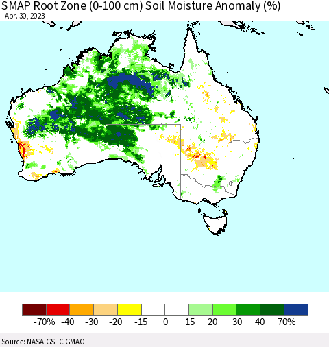 Australia SMAP Root Zone (0-100 cm) Soil Moisture Anomaly (%) Thematic Map For 4/26/2023 - 4/30/2023