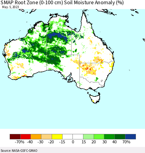 Australia SMAP Root Zone (0-100 cm) Soil Moisture Anomaly (%) Thematic Map For 5/1/2023 - 5/5/2023