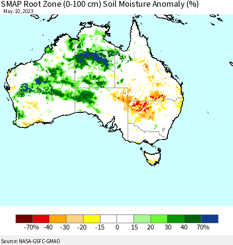 Australia SMAP Root Zone (0-100 cm) Soil Moisture Anomaly (%) Thematic Map For 5/6/2023 - 5/10/2023