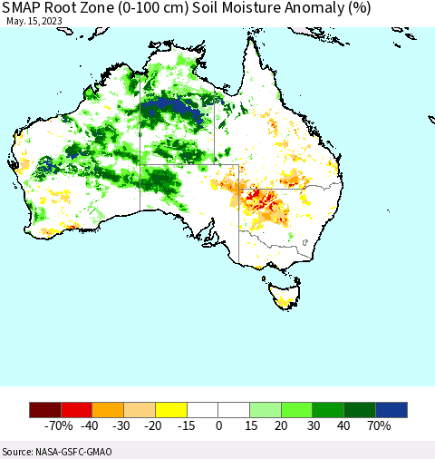 Australia SMAP Root Zone (0-100 cm) Soil Moisture Anomaly (%) Thematic Map For 5/11/2023 - 5/15/2023