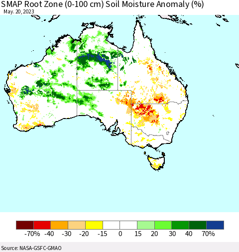 Australia SMAP Root Zone (0-100 cm) Soil Moisture Anomaly (%) Thematic Map For 5/16/2023 - 5/20/2023