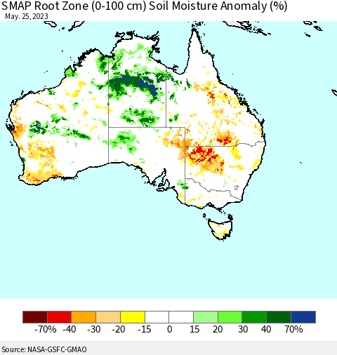 Australia SMAP Root Zone (0-100 cm) Soil Moisture Anomaly (%) Thematic Map For 5/21/2023 - 5/25/2023