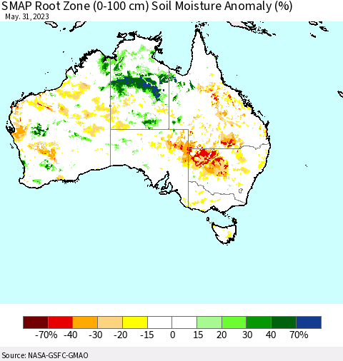 Australia SMAP Root Zone (0-100 cm) Soil Moisture Anomaly (%) Thematic Map For 5/26/2023 - 5/31/2023