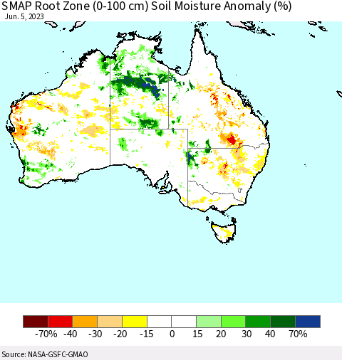 Australia SMAP Root Zone (0-100 cm) Soil Moisture Anomaly (%) Thematic Map For 6/1/2023 - 6/5/2023