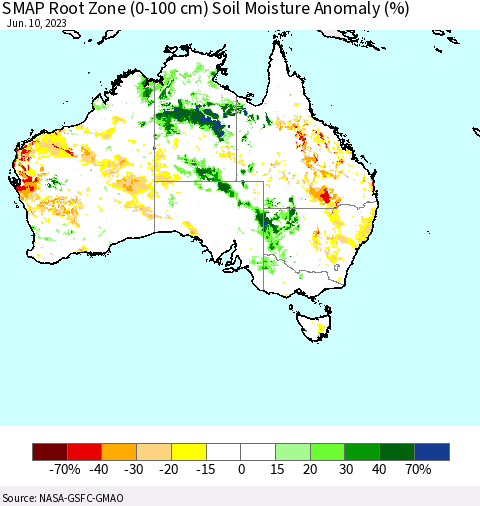 Australia SMAP Root Zone (0-100 cm) Soil Moisture Anomaly (%) Thematic Map For 6/6/2023 - 6/10/2023