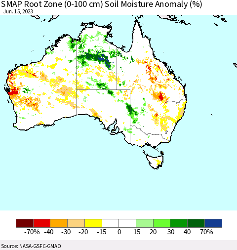 Australia SMAP Root Zone (0-100 cm) Soil Moisture Anomaly (%) Thematic Map For 6/11/2023 - 6/15/2023