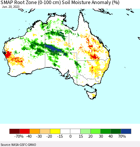 Australia SMAP Root Zone (0-100 cm) Soil Moisture Anomaly (%) Thematic Map For 6/16/2023 - 6/20/2023
