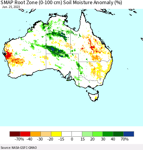 Australia SMAP Root Zone (0-100 cm) Soil Moisture Anomaly (%) Thematic Map For 6/21/2023 - 6/25/2023