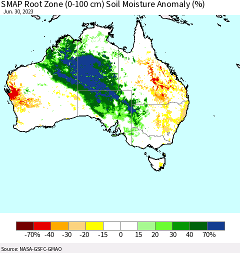 Australia SMAP Root Zone (0-100 cm) Soil Moisture Anomaly (%) Thematic Map For 6/26/2023 - 6/30/2023
