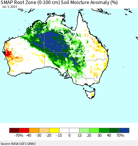 Australia SMAP Root Zone (0-100 cm) Soil Moisture Anomaly (%) Thematic Map For 7/1/2023 - 7/5/2023