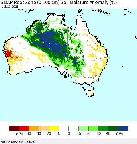Australia SMAP Root Zone (0-100 cm) Soil Moisture Anomaly (%) Thematic Map For 7/6/2023 - 7/10/2023